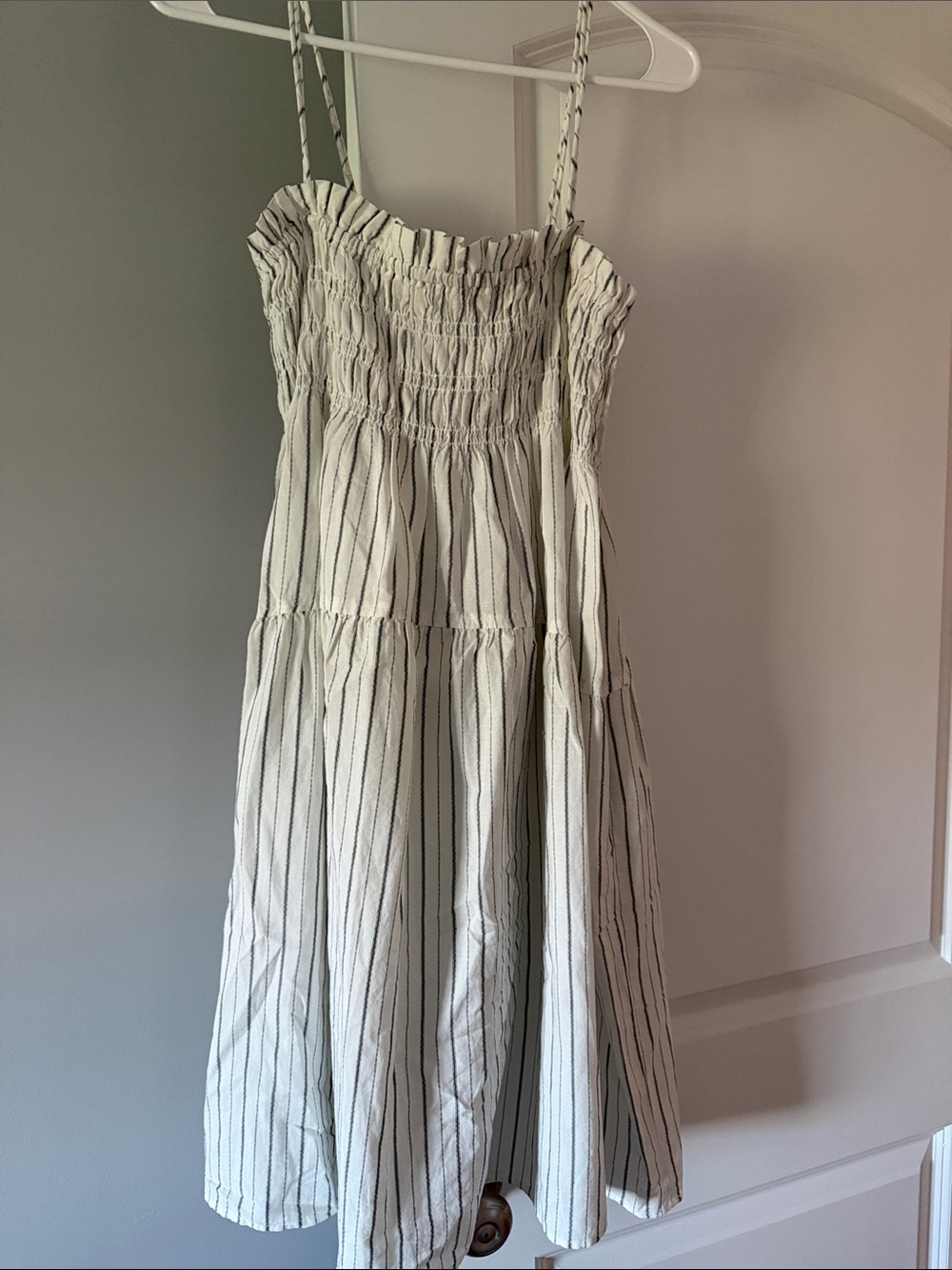 Uniqlo White and Gray Striped Smocked Midi Dress